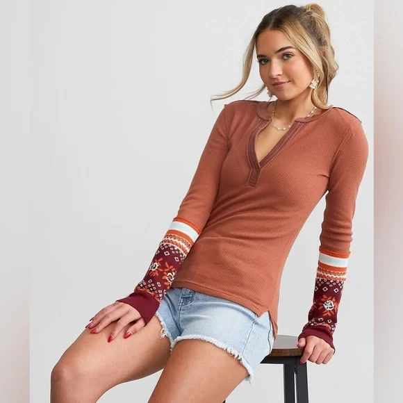 NWT Free People Mikah Layering Cuff Autumn Combo Top Long Sleeve Shirt - Picture 1 of 10